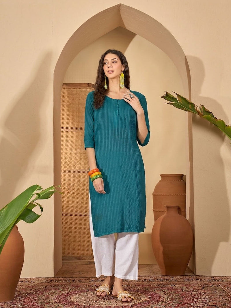 Stylum Women's Teal Solid Rayon Straight Kurta (TEALUDUPI)