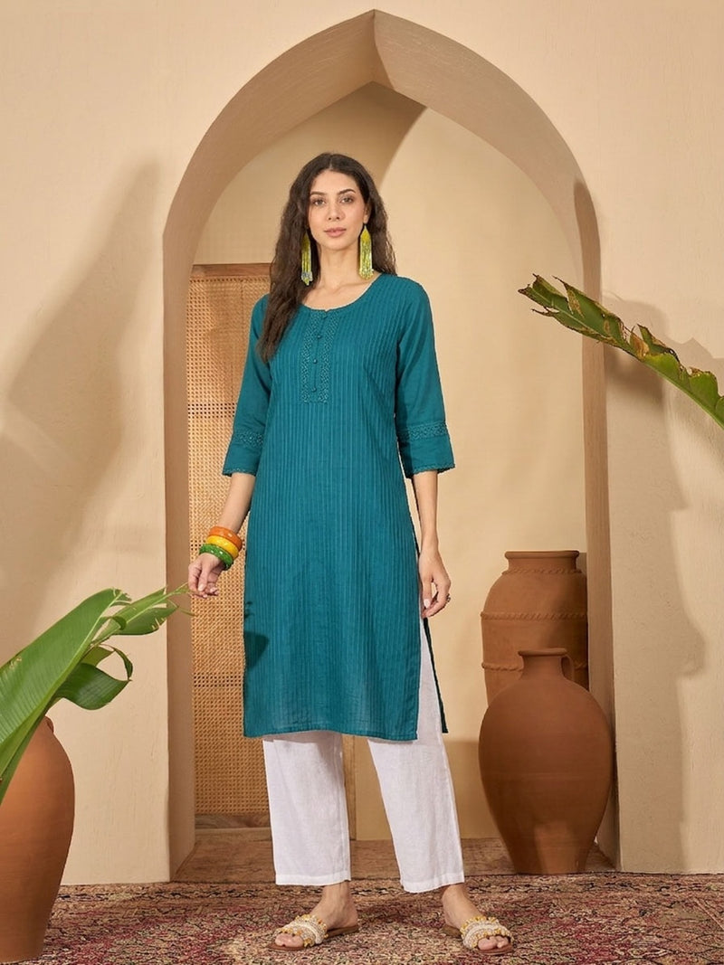 Stylum Women's Teal Solid Rayon Straight Kurta (TEALUDUPI)