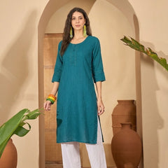 Stylum Women's Teal Solid Rayon Straight Kurta (TEALUDUPI)
