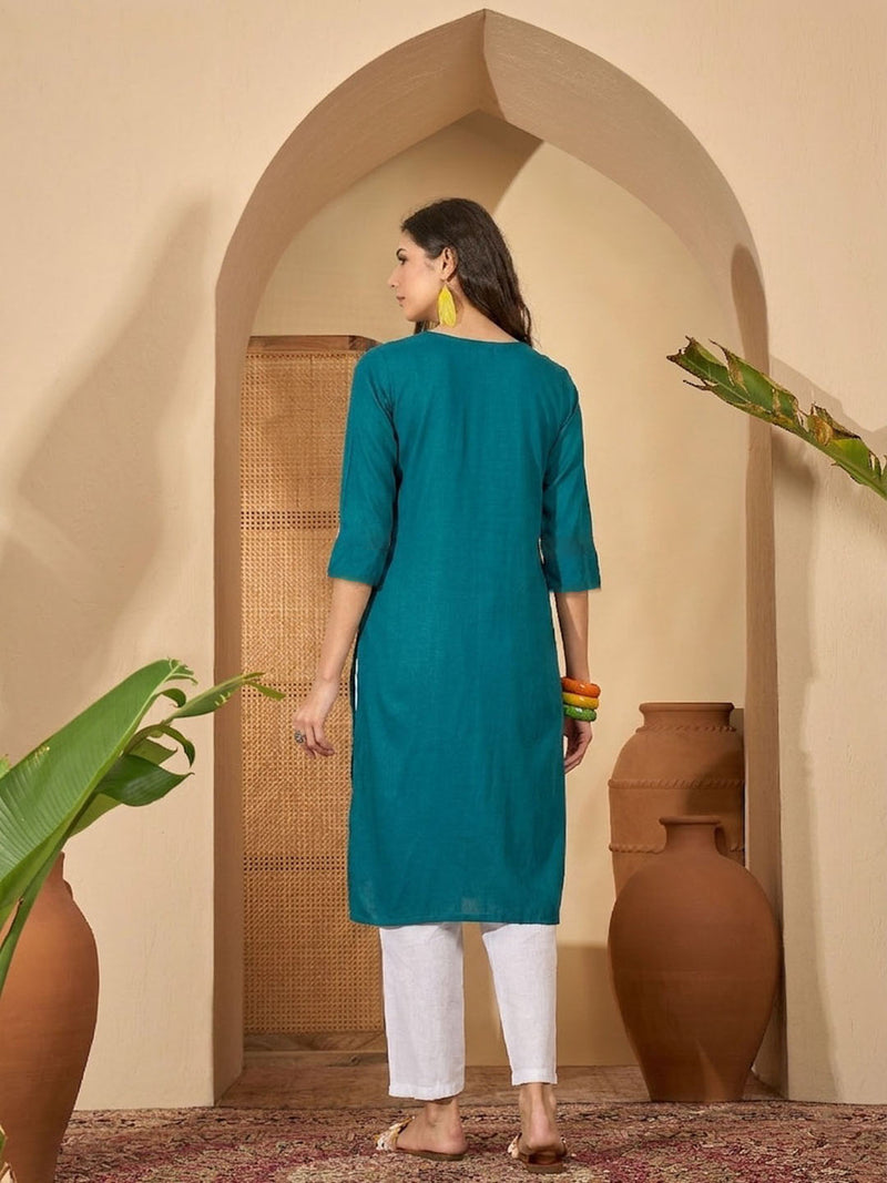 Stylum Women's Teal Solid Rayon Straight Kurta (TEALUDUPI)