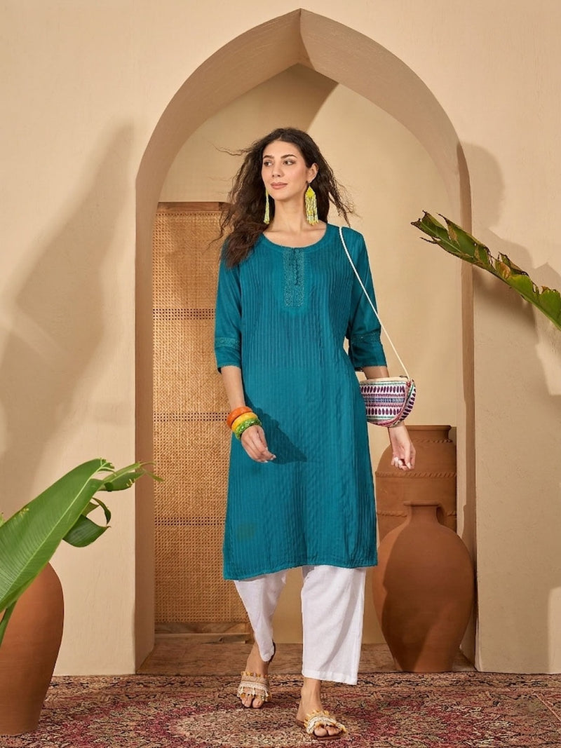 Stylum Women's Teal Solid Rayon Straight Kurta (TEALUDUPI)