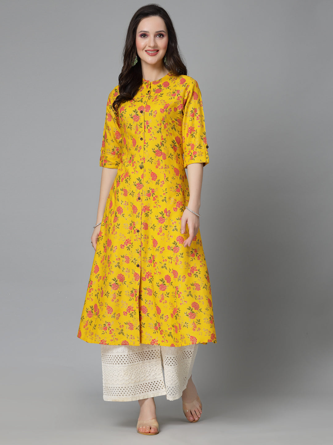 Stylum Women's Floral Printed Rayon A-Line Kurta (TOOTMUSTARD)