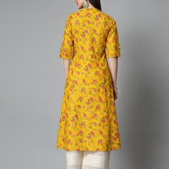 Floral Printed Mustard Rayon A-Line Kurta