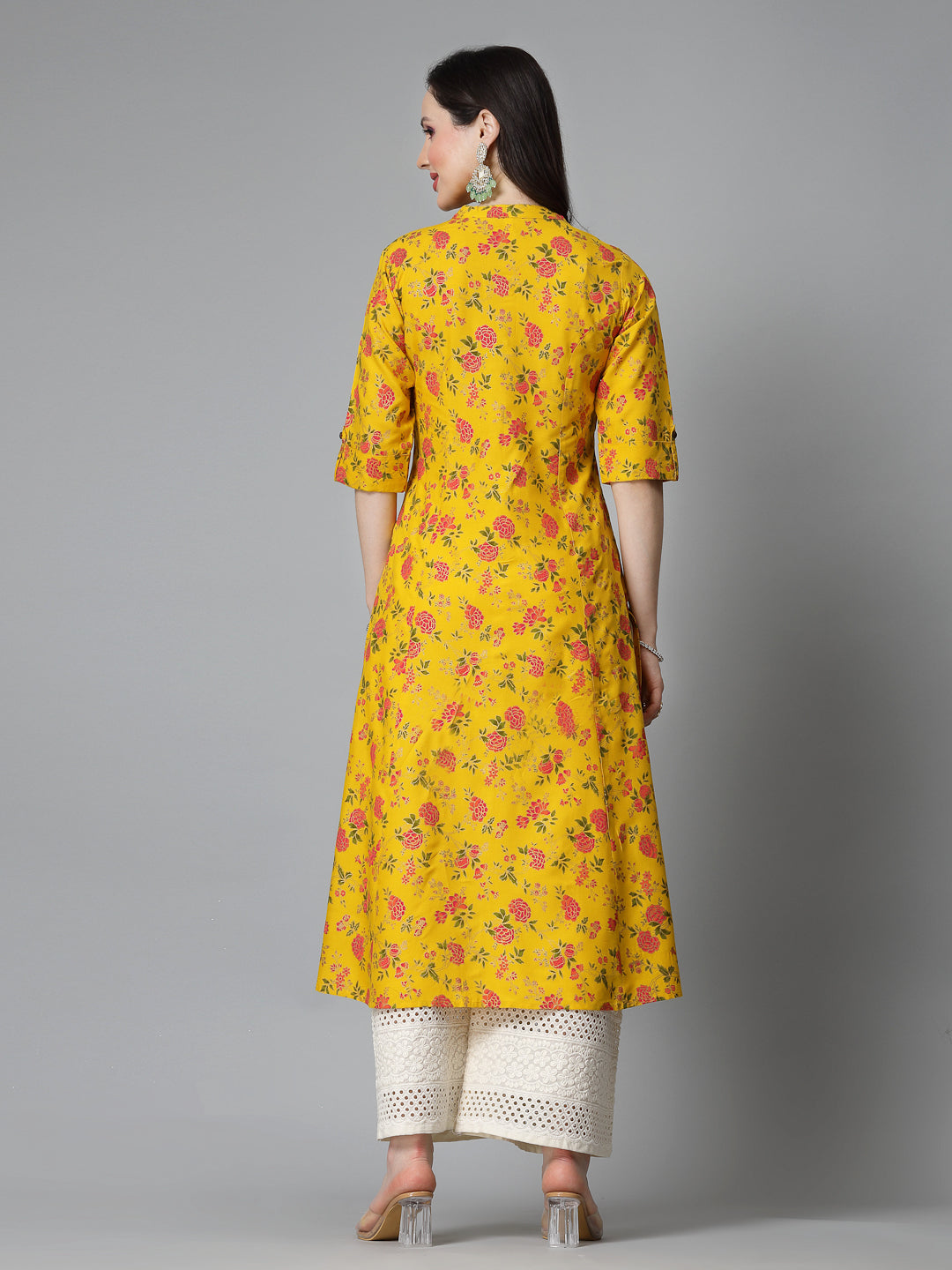 Floral Printed Mustard Rayon A-Line Kurta