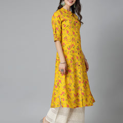 Floral Printed Mustard Rayon A-Line Kurta