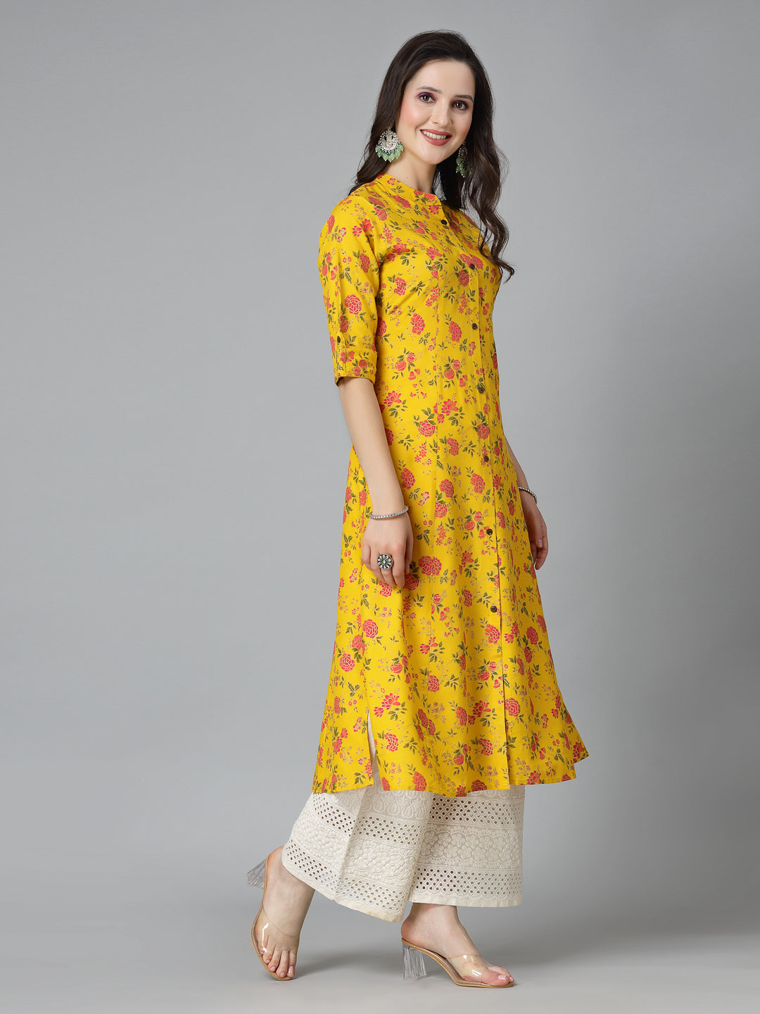 Floral Printed Mustard Rayon A-Line Kurta