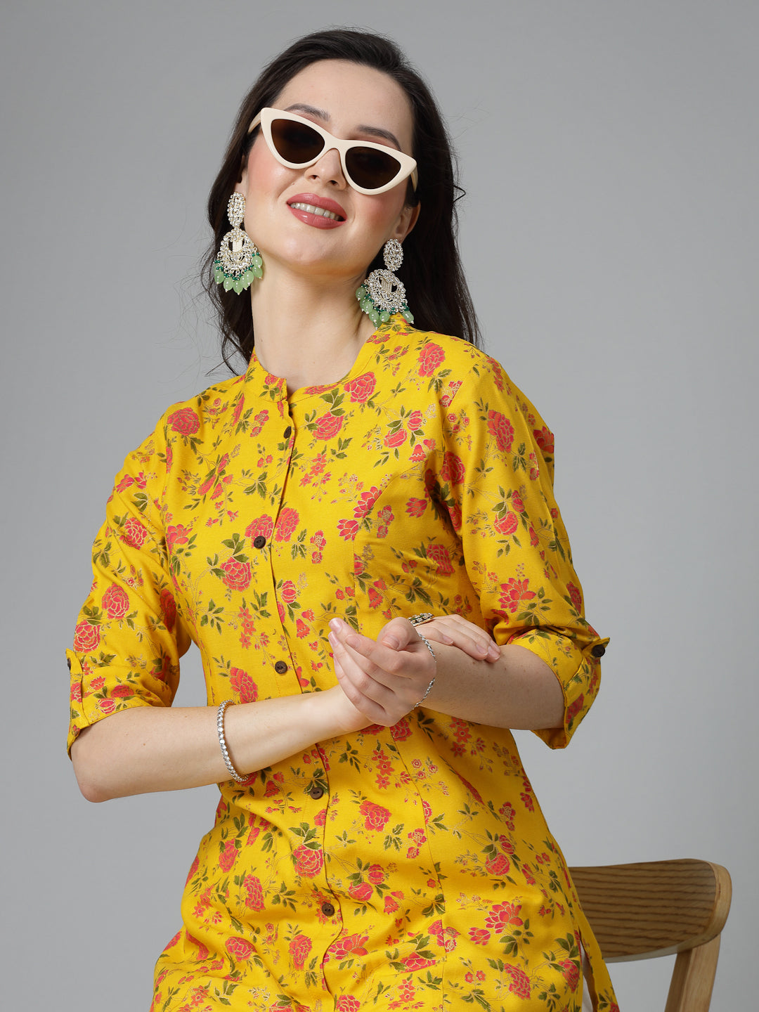 Stylum Women's Floral Printed Rayon A-Line Kurta (TOOTMUSTARD)