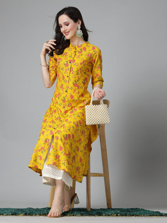 Stylum Women's Floral Printed Rayon A-Line Kurta (TOOTMUSTARD)