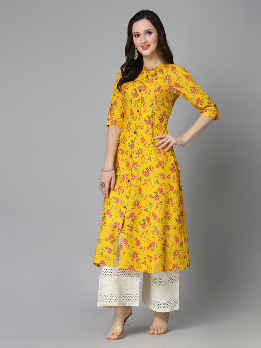 Stylum Women's Floral Printed Rayon A-Line Kurta (TOOTMUSTARD)