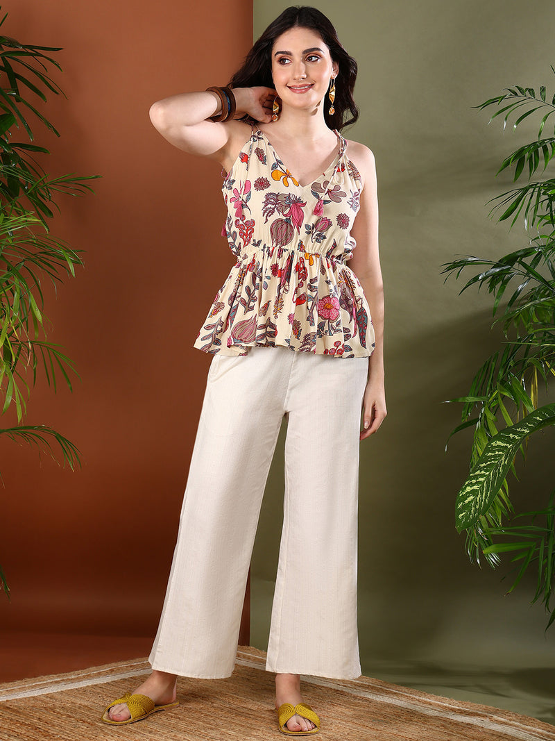 Stylum Women's Beige Floral Printed Rayon Short Peplum Top (TOPBEIGEGULL)