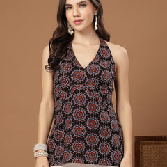 Stylum Women's Black Block Printed Cotton Straight Top (TOPBLACKHALTER)