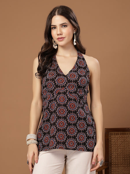 Stylum Women's Black Block Printed Cotton Straight Top (TOPBLACKHALTER)