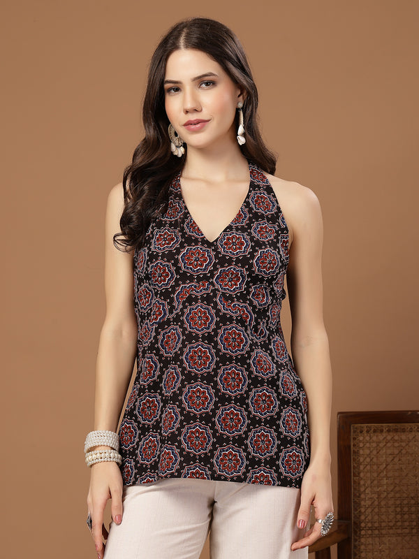Stylum Women's Black Block Printed Cotton Straight Top (TOPBLACKHALTER)