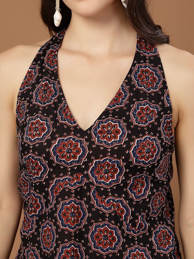 Stylum Women's Black Block Printed Cotton Straight Top (TOPBLACKHALTER)