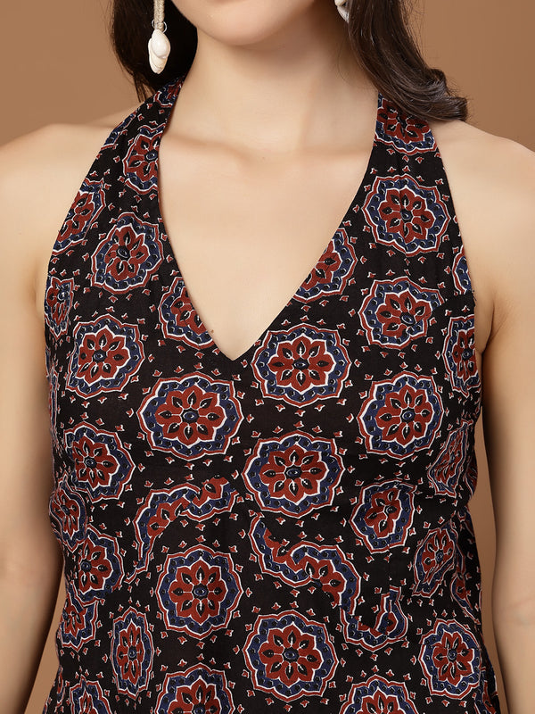 Stylum Women's Black Block Printed Cotton Straight Top (TOPBLACKHALTER)