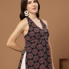 Stylum Women's Black Block Printed Cotton Straight Top (TOPBLACKHALTER)