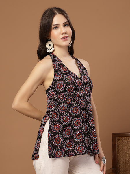Stylum Women's Black Block Printed Cotton Straight Top (TOPBLACKHALTER)