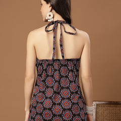 Stylum Women's Black Block Printed Cotton Straight Top (TOPBLACKHALTER)