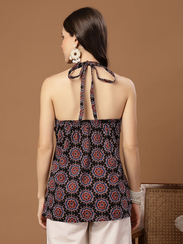 Stylum Women's Black Block Printed Cotton Straight Top (TOPBLACKHALTER)