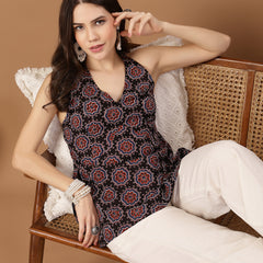 Stylum Women's Black Block Printed Cotton Straight Top (TOPBLACKHALTER)