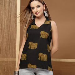 Stylum Women's Black Animal Printed Cotton Straight Top (TOPBLACKHATHI)