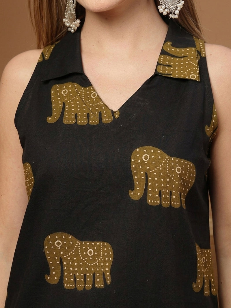 Stylum Women's Black Animal Printed Cotton Straight Top (TOPBLACKHATHI)