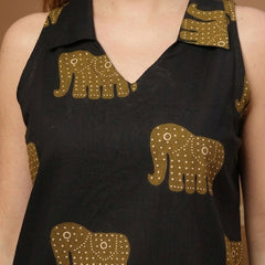 Stylum Women's Black Animal Printed Cotton Straight Top (TOPBLACKHATHI)