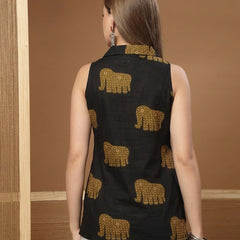Stylum Women's Black Animal Printed Cotton Straight Top (TOPBLACKHATHI)