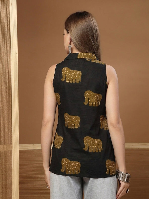 Stylum Women's Black Animal Printed Cotton Straight Top (TOPBLACKHATHI)