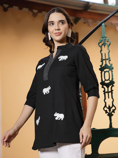 Stylum Women's Black Solid Cotton Flex Top (TOPBLACKHIPPO)