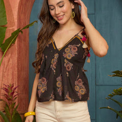 Stylum Women's Black Floral Printed Cotton Peplum Top (TOPBLACKKIKI)