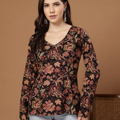 Stylum Women's Black Floral Printed Cotton Straight Top (TOPBLACKKRISH)