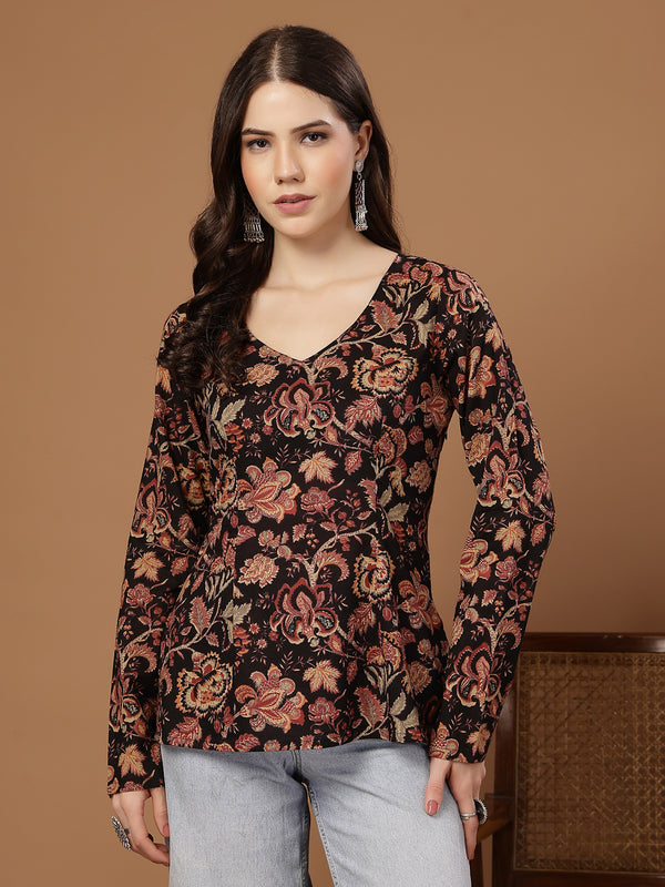 Stylum Women's Black Floral Printed Cotton Straight Top (TOPBLACKKRISH)