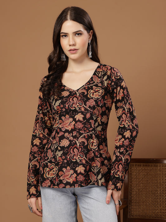 Stylum Women's Black Floral Printed Cotton Straight Top (TOPBLACKKRISH)