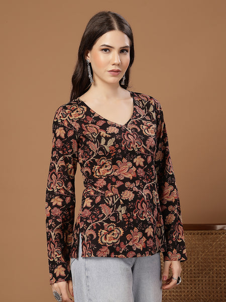 Stylum Women's Black Floral Printed Cotton Straight Top (TOPBLACKKRISH)