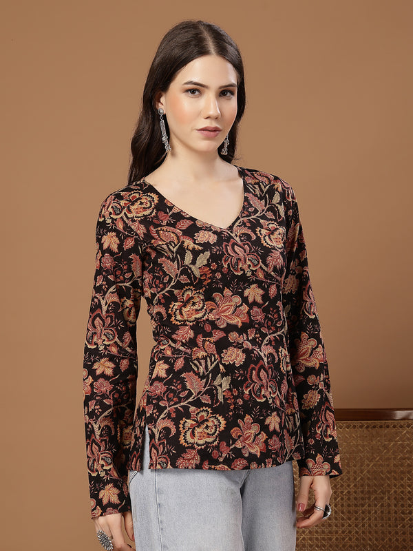 Stylum Women's Black Floral Printed Cotton Straight Top (TOPBLACKKRISH)