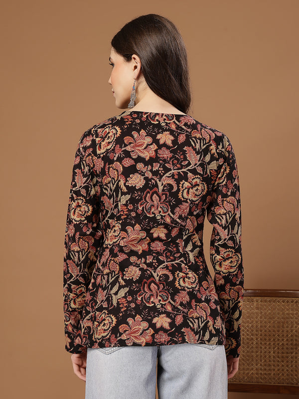 Stylum Women's Black Floral Printed Cotton Straight Top (TOPBLACKKRISH)
