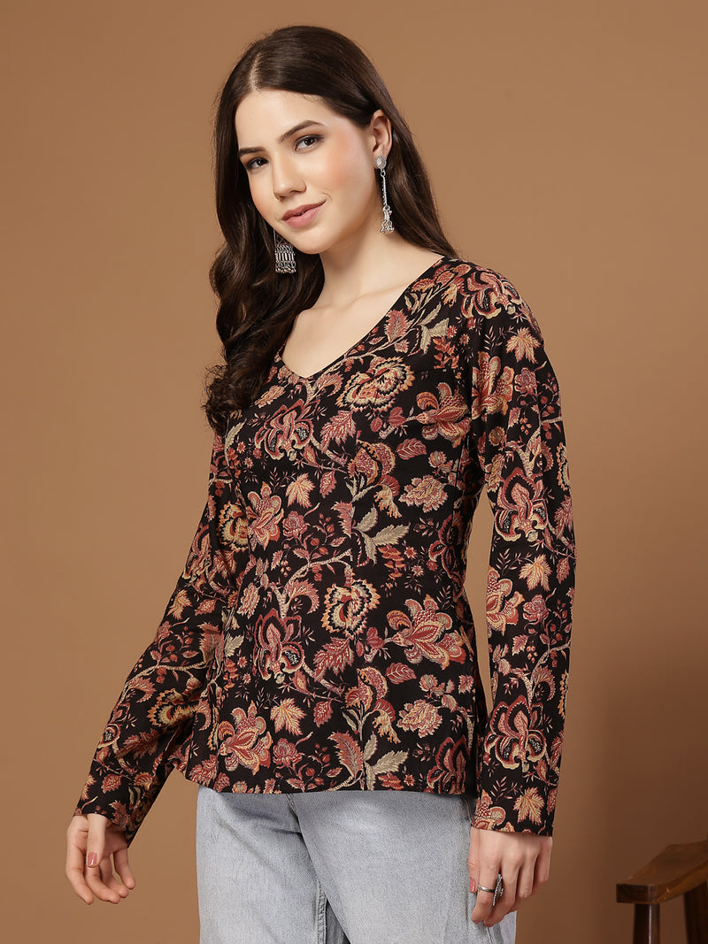 Stylum Women's Black Floral Printed Cotton Straight Top (TOPBLACKKRISH)