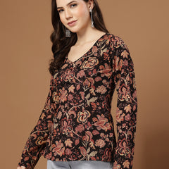 Stylum Women's Black Floral Printed Cotton Straight Top (TOPBLACKKRISH)