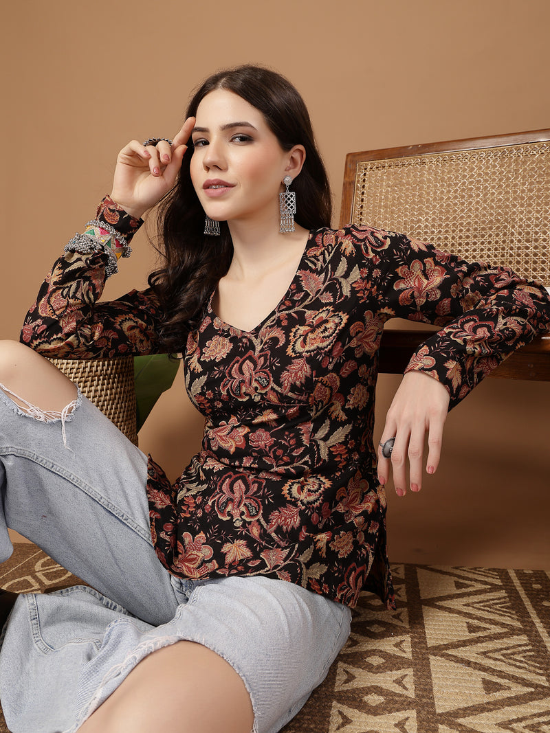 Stylum Women's Black Floral Printed Cotton Straight Top (TOPBLACKKRISH)