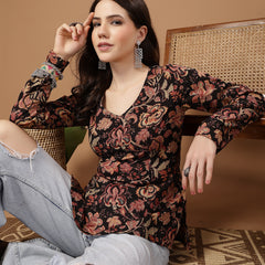 Stylum Women's Black Floral Printed Cotton Straight Top (TOPBLACKKRISH)