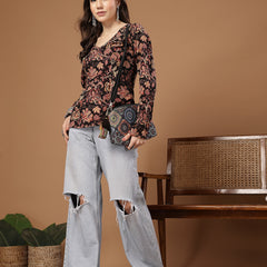 Stylum Women's Black Floral Printed Cotton Straight Top (TOPBLACKKRISH)