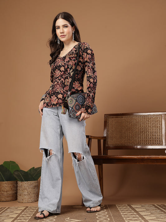 Stylum Women's Black Floral Printed Cotton Straight Top (TOPBLACKKRISH)