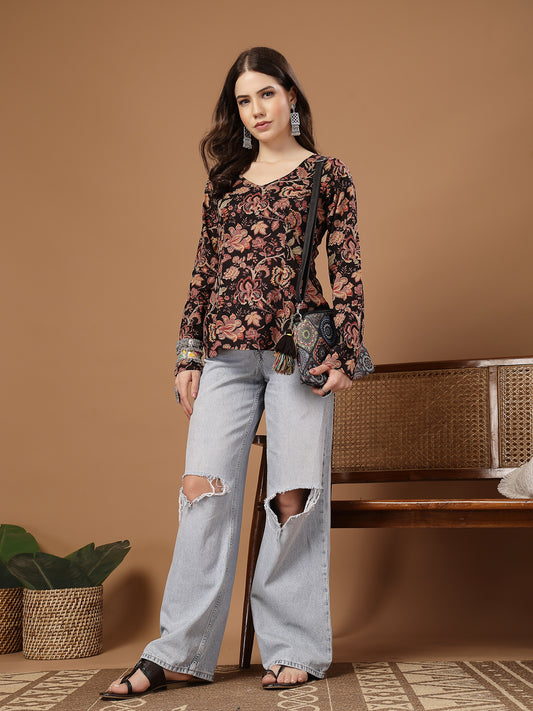 Stylum Women's Black Floral Printed Cotton Straight Top (TOPBLACKKRISH)
