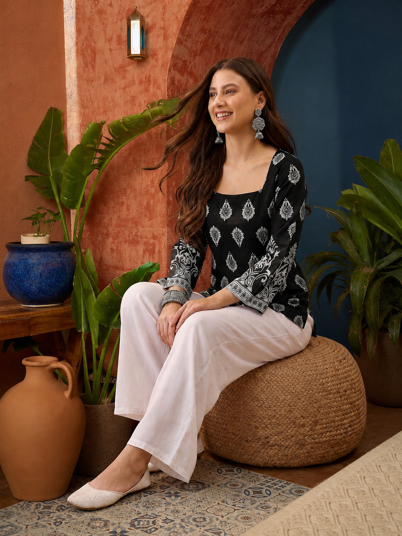 Stylum Women's Black Block Printed Rayon Straight Top (TOPBLACKMASKA)