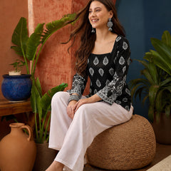 Stylum Women's Black Block Printed Rayon Straight Top (TOPBLACKMASKA)