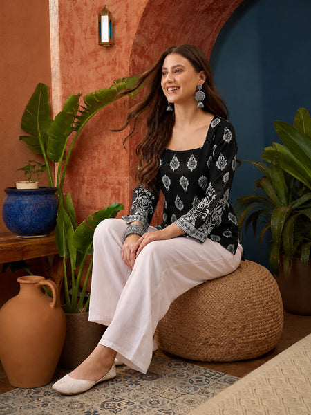 Stylum Women's Black Block Printed Rayon Straight Top (TOPBLACKMASKA)