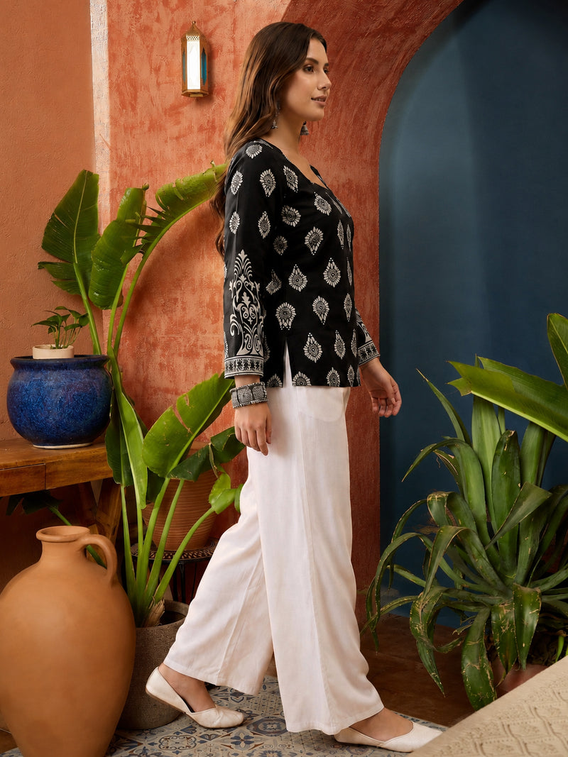 Stylum Women's Black Block Printed Rayon Straight Top (TOPBLACKMASKA)