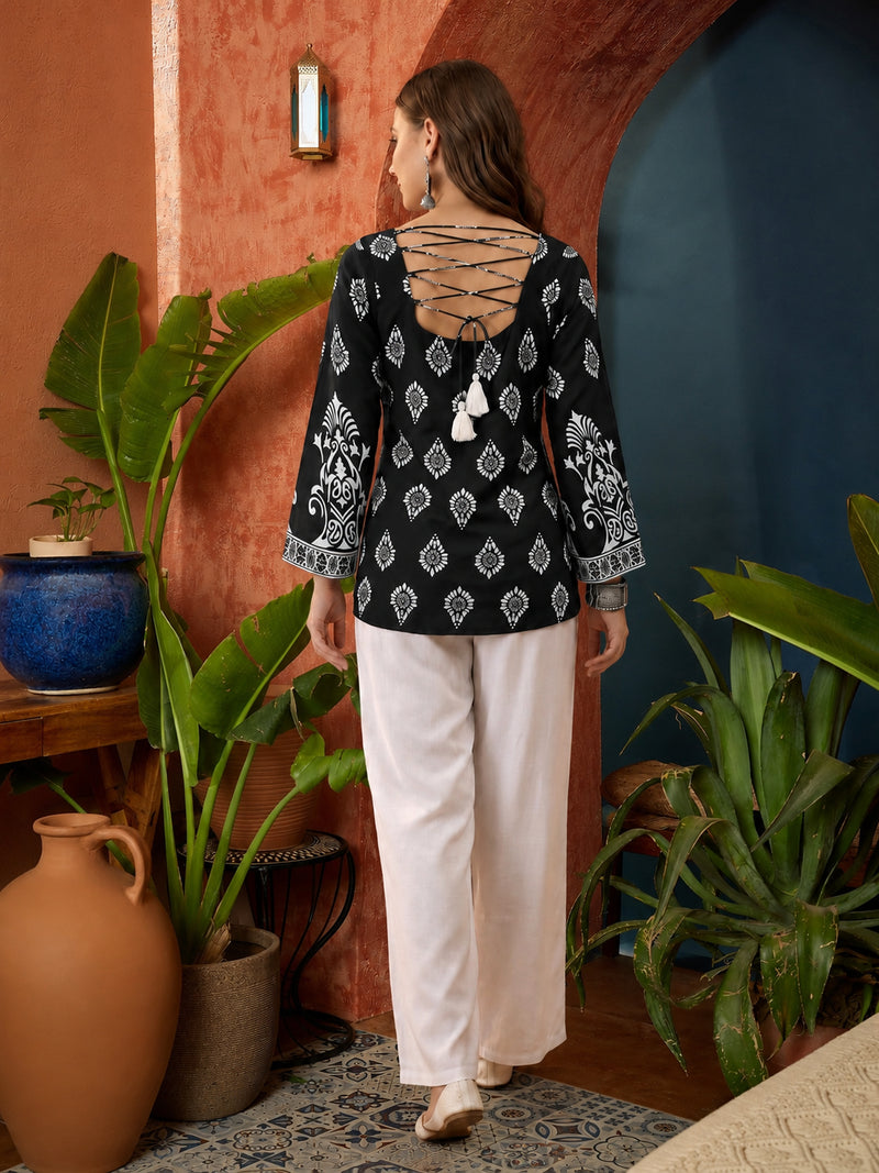 Stylum Women's Black Block Printed Rayon Straight Top (TOPBLACKMASKA)