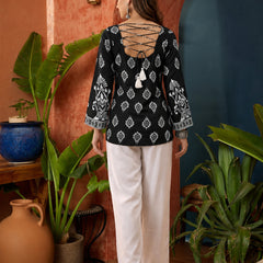 Stylum Women's Black Block Printed Rayon Straight Top (TOPBLACKMASKA)